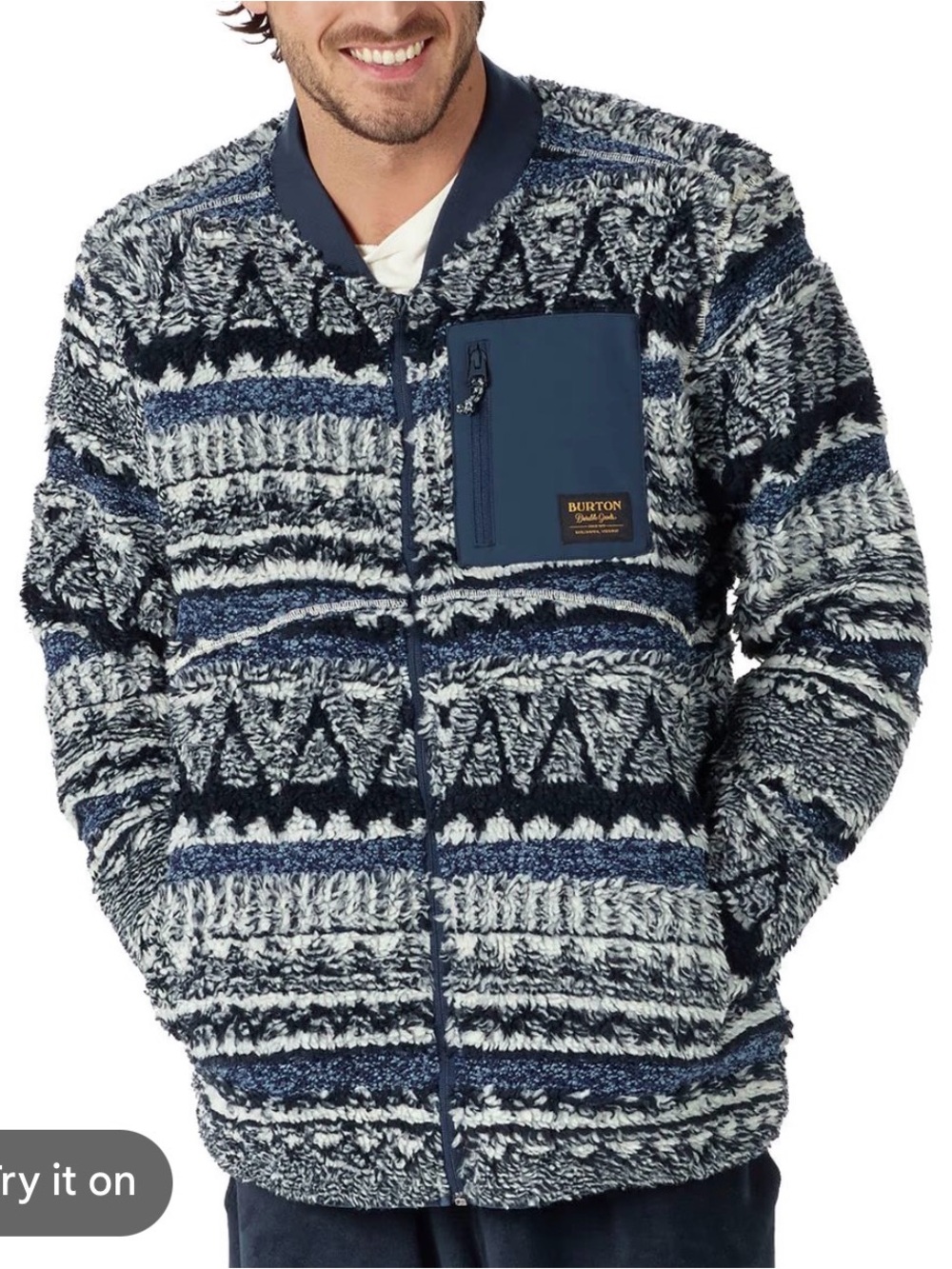 Burton Grove Sherpa Fleece Jacket! Blue Design Full Zip Chest Pocket Knubby $169